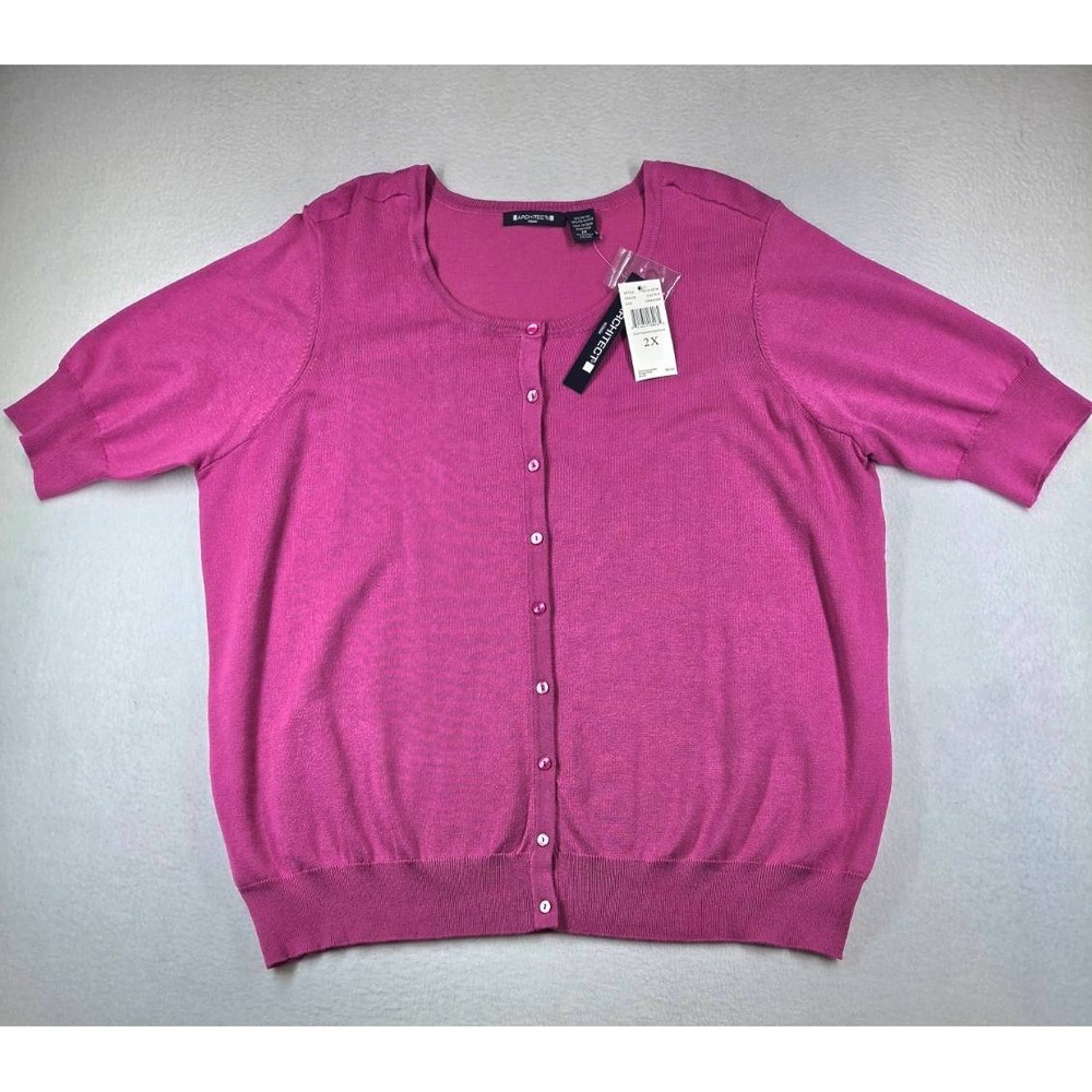 Architect Woman Pink Cactus Short Sleeve Button Front Cardigan Sweater 2X New